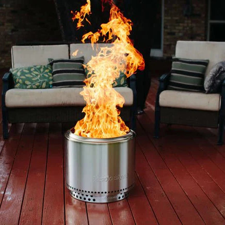 Solo Stove Ranger 2.0 with stand on a deck lit up - Patioscape Outdoors