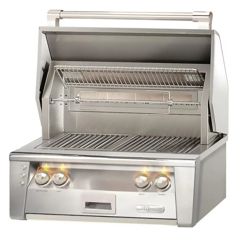 Alfresco 30-Inch Built-in Stainless Steel Gas Grill with Rotisserie, Sear Zone & Smoker System - Patioscape Outdoors