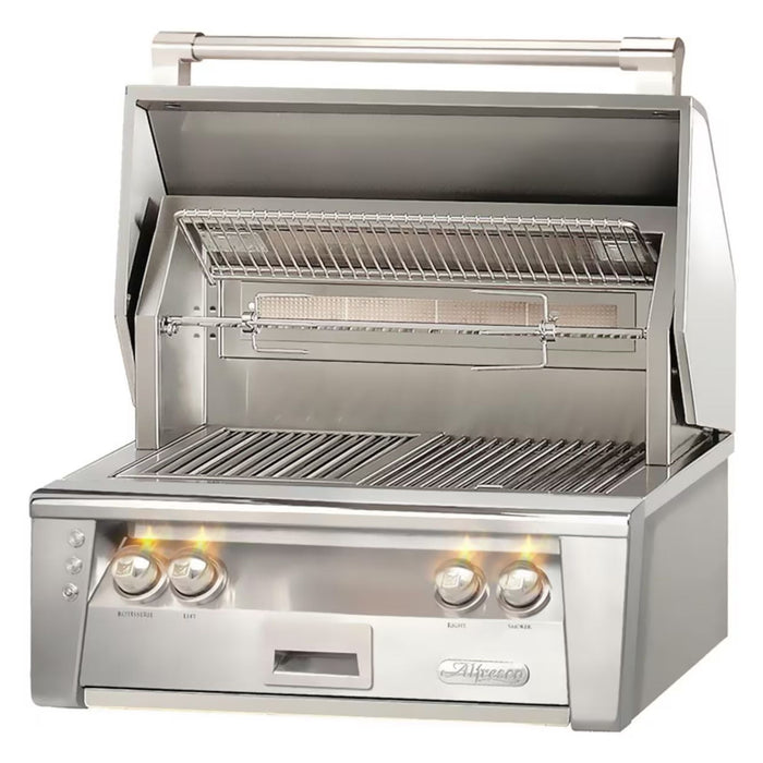 Alfresco 30-Inch Built-in Stainless Steel Gas Grill with Rotisserie, Sear Zone & Smoker System