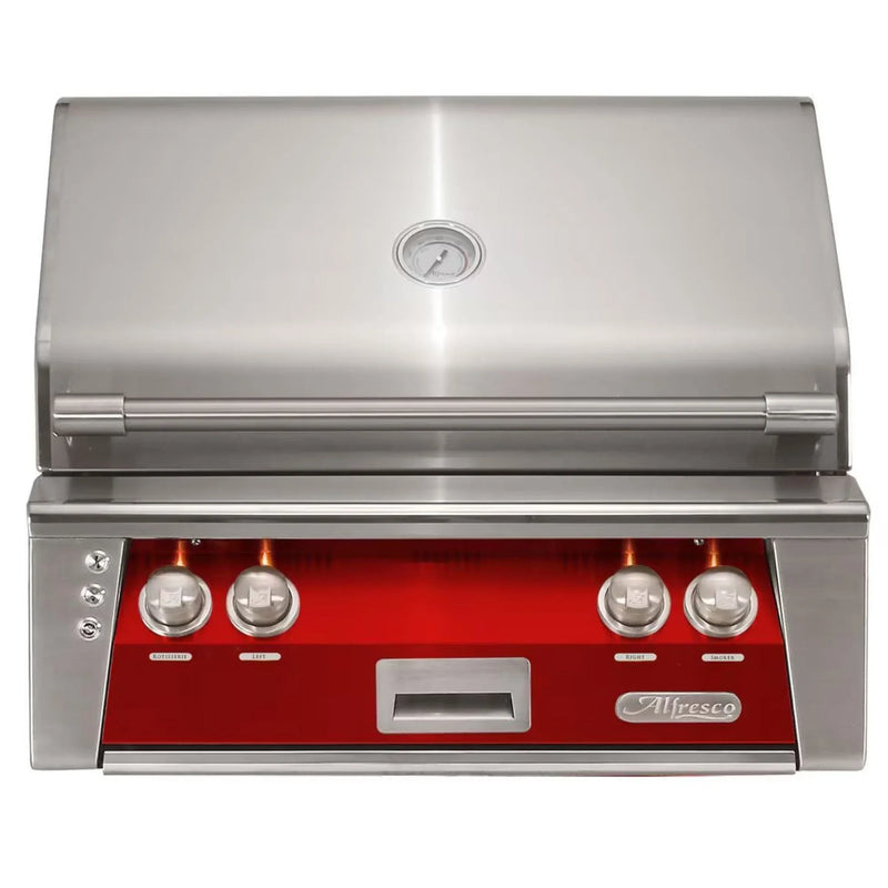 Alfresco 30" Carmine Red Built-In Gas Grill with Rotisserie, Sear Zone & Smoker System - Patioscape Outdoors