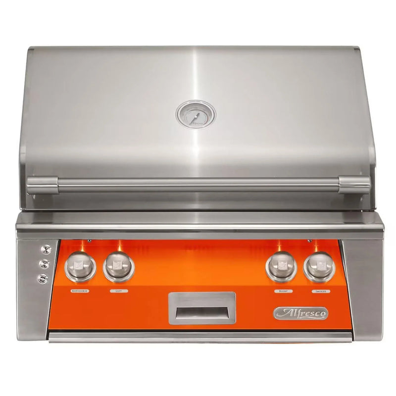 Alfresco 30" Luminous Orange Built-In Gas Grill with Sear Zone, Rotisserie & Smoker Drawer - Patioscape Outdoors