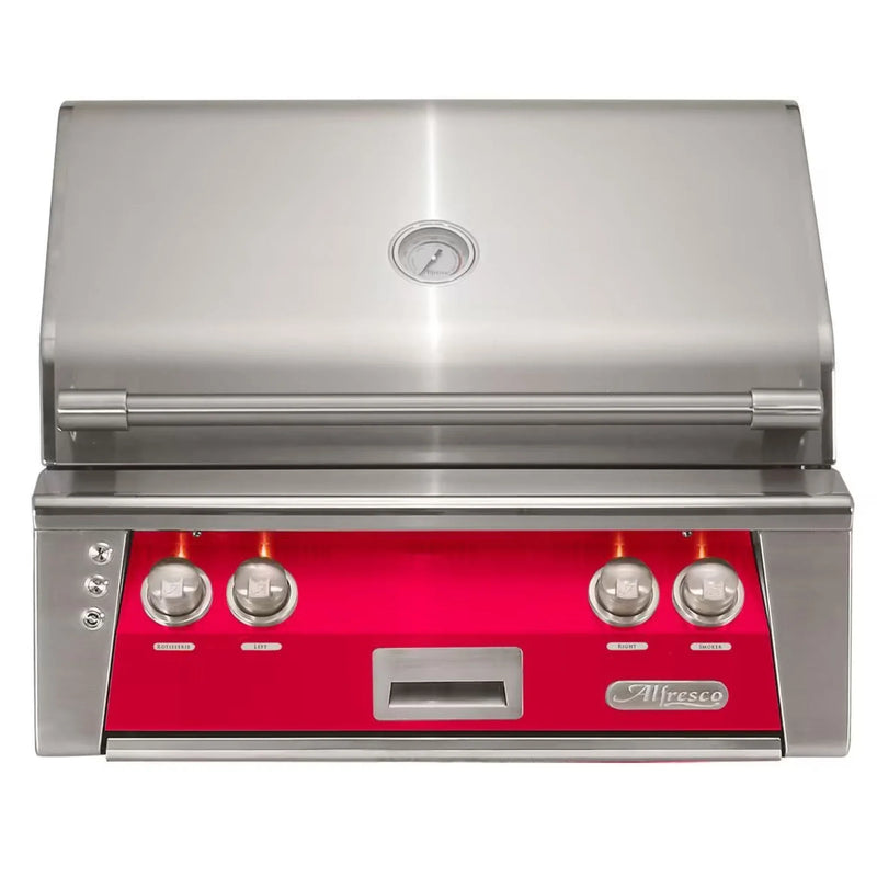 Alfresco 30" Raspberry Red Built-In Gas Grill with Rotisserie, Sear Zone & Smoker Drawer - Patioscape Outdoors