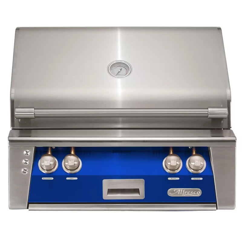 Alfresco 30" Ultramarine Blue Built-In Gas Grill with Rotisserie, Sear Zone & Smoker System - Patioscape Outdoors
