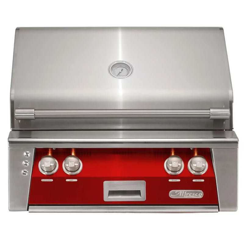 Alfresco 30-Inch Built-in Stainless Steel Gas Grill w/ Rotisserie in Carmine Red - Patioscape Outdoors