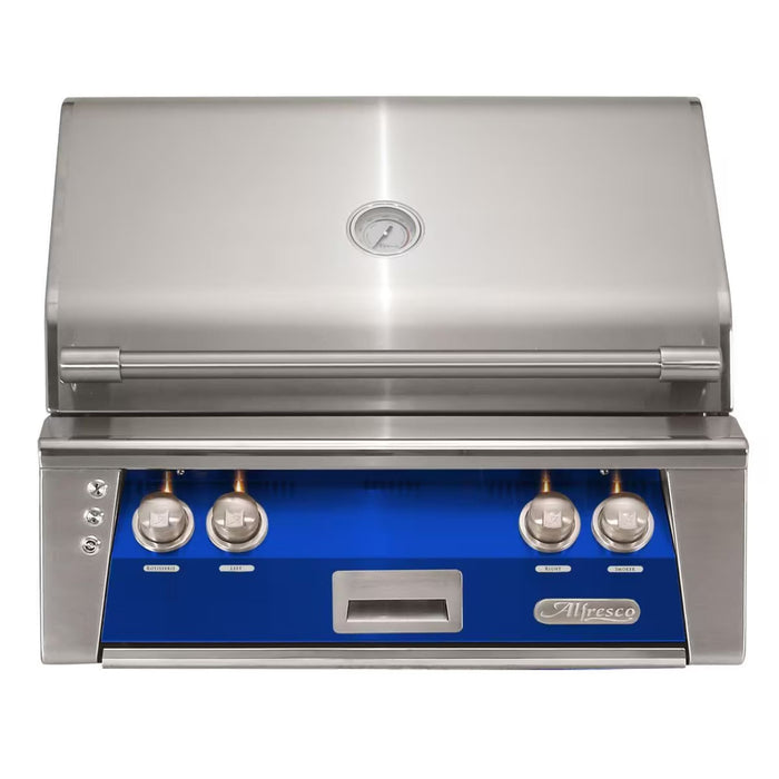 Alfresco 30-Inch Built-in Stainless Steel Gas Grill w/ Rotisserie in Ultramarine Blue