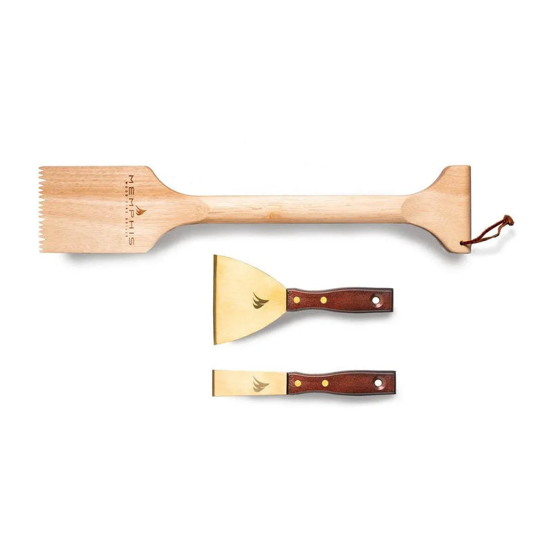 Memphis 3-Piece 18" Brass & Wood Grill Scraper Kit – Gentle Cleaning Tools - Patioscape Outdoors