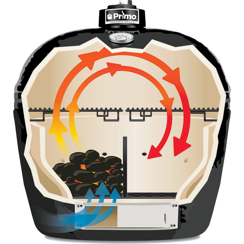 Primo All-In-One Oval XL 400 Charcoal Ceramic Kamado Grill With Cradle, Side Shelves, And Stainless Steel Grates PGCXLC