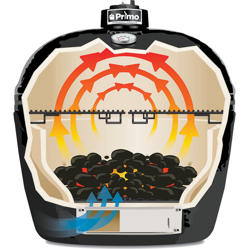 Primo All-In-One Oval XL 400 Charcoal Ceramic Kamado Grill With Cradle, Side Shelves, And Stainless Steel Grates PGCXLC