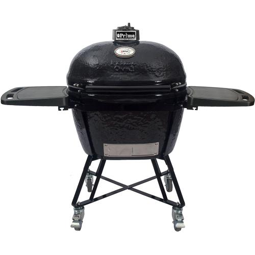 Primo All-In-One Oval XL 400 Charcoal Ceramic Kamado Grill With Cradle, Side Shelves, And Stainless Steel Grates PGCXLC