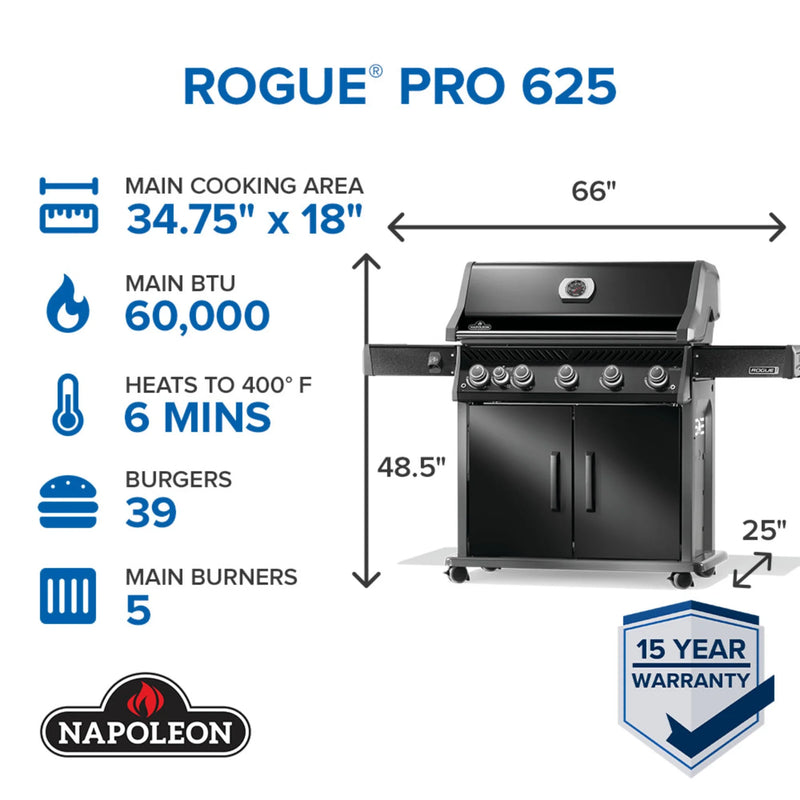 Napoleon Rogue PRO 625 SIB Black Freestanding Gas Grill w/ Infrared Side Burner