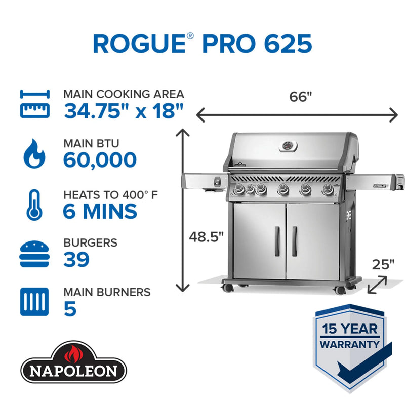 Napoleon Rogue PRO 625 SIB Freestanding Gas Grill w/ Infrared Side Burner
