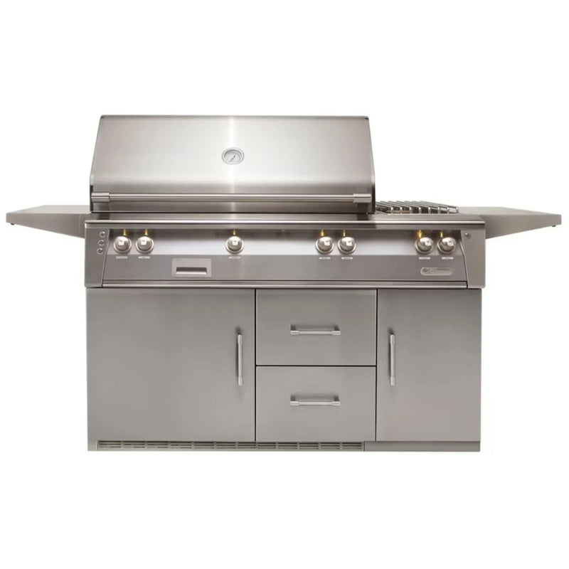 Alfresco 56-Inch Stainless Steel Freestanding Gas Grill w/ Refrigerated Cart, Rotisserie, Sear Zone & Side Burner - Patioscape Outdoors