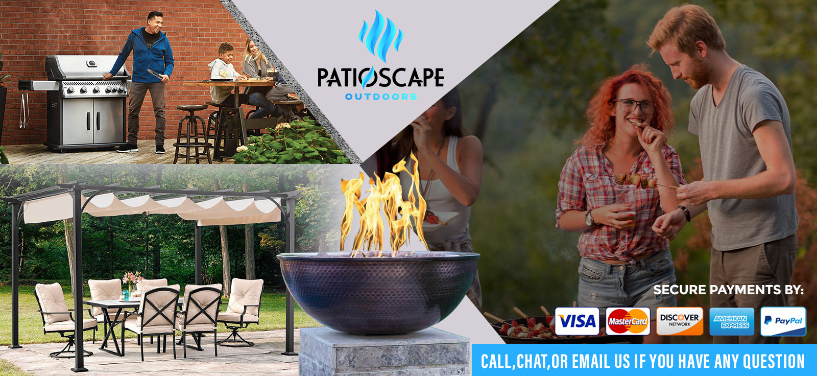 Patioscape Outdoors Banner Image that features a pergola and a dining set, a man holding the hood handle of a grill, and a man and lady trying food