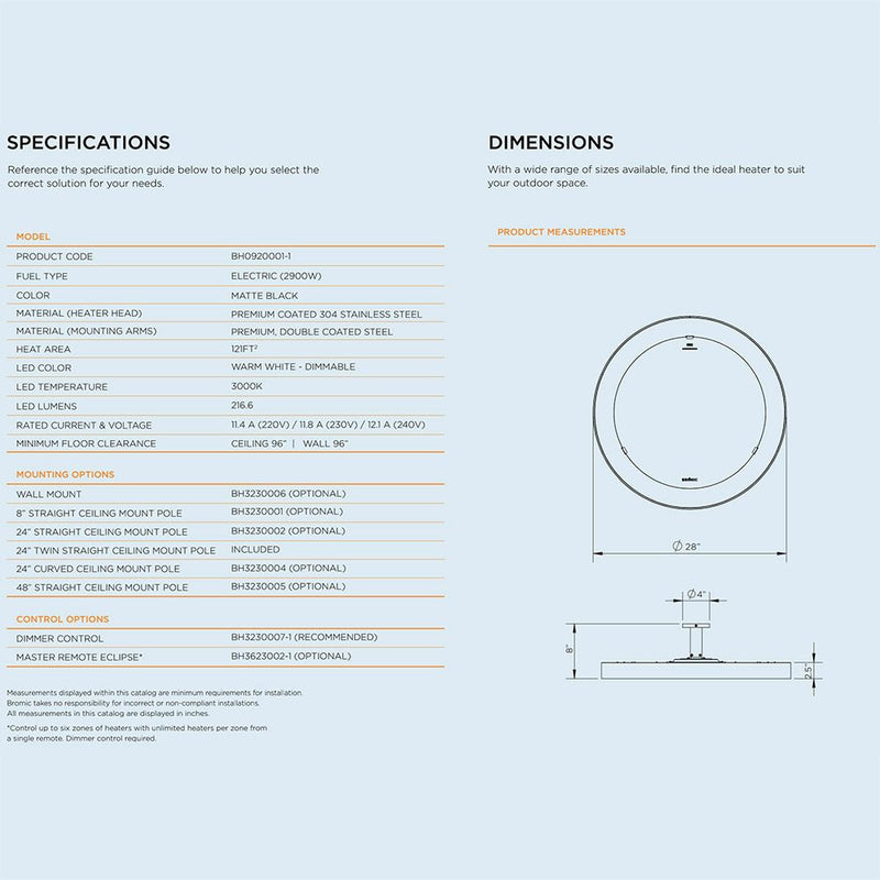 Bromic Eclipse BH0920001-1 Smart-Heat 28-Inch 2900W Dual Element 240V Electric Infrared Heater W/ Twin Pole